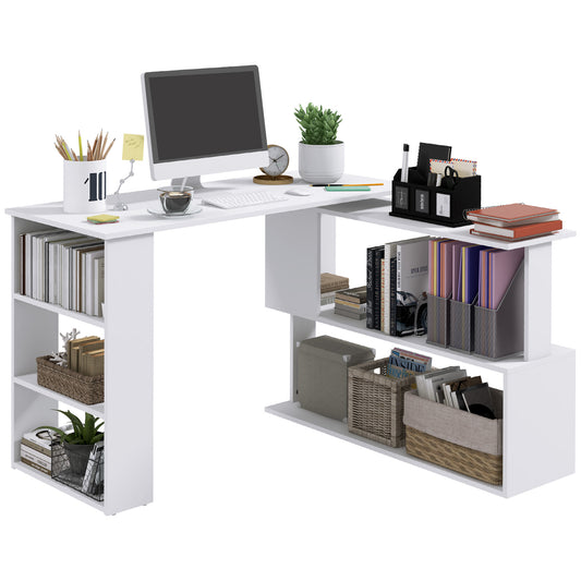 47" L Shaped Desk, 360° Rotating Corner Desk, Reversible Computer Writing Table Workstation with Storage Shelf for Home Office, White