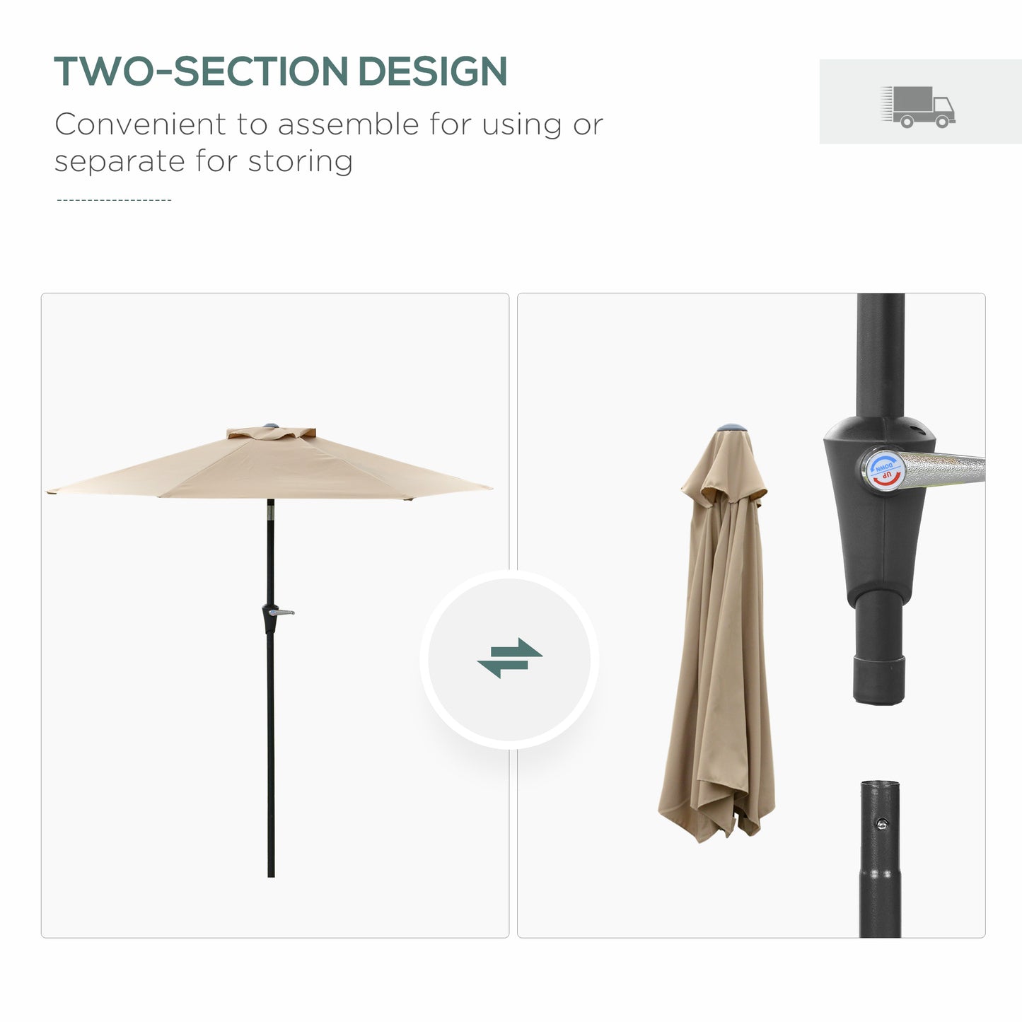 Patio Sun Umbrella, Outdoor Parasol with 6 Ribs, Khaki