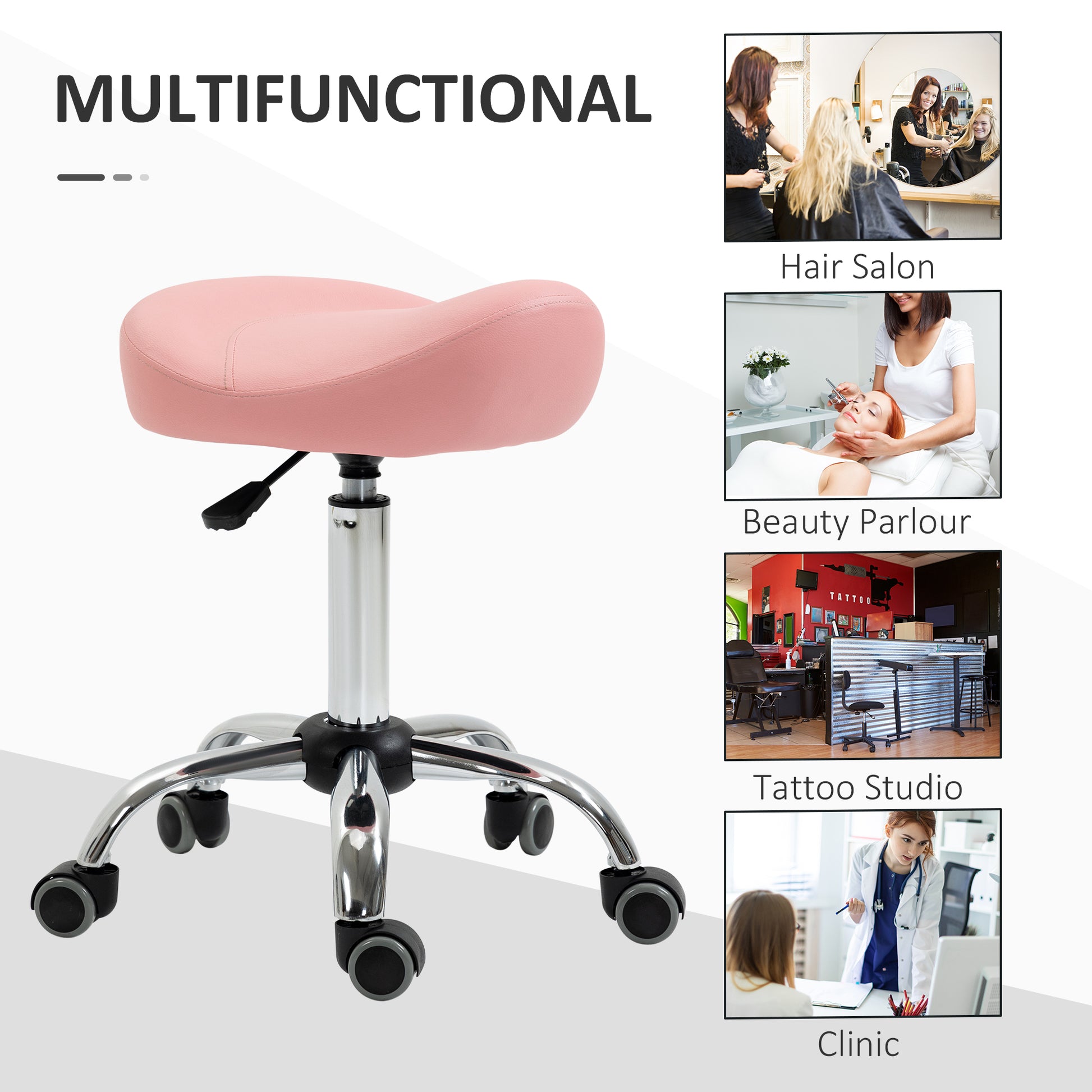Ergonomic Saddle Stool with Wheels, Adjustable PU Leather Saddle Chair, 360° Swivel, NO Back Pain, Healthy Posture, Salon Chair for Massage Medical Home, Pink