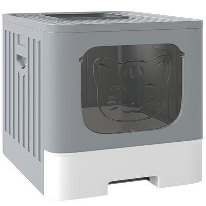 Cat Litter Box with Lid, Slide-Out Drawer, Scoop, Easy Clean, Odour Control, Anti-Splashing, Grey