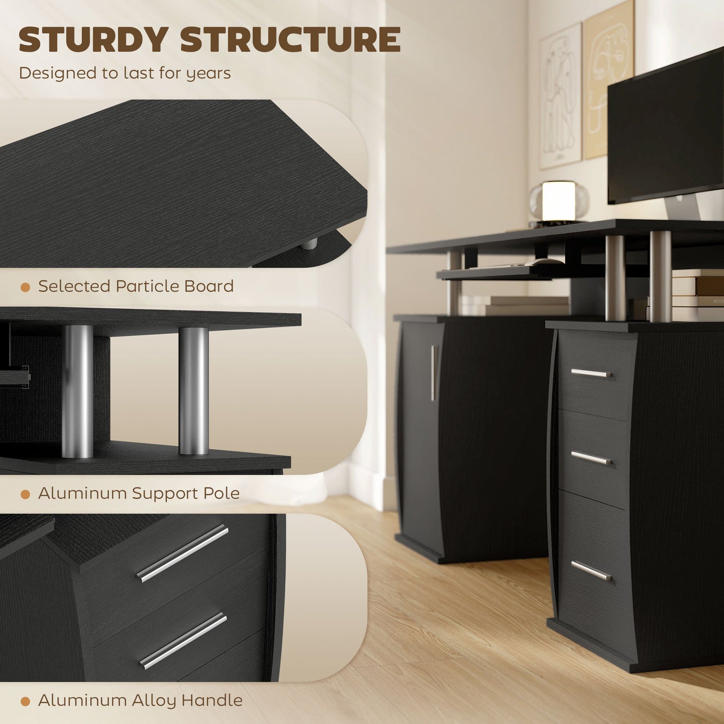 47" Computer Desk with Keyboard Tray and Storage Drawers, Home Office Workstation Table with Storage Shelves, Black