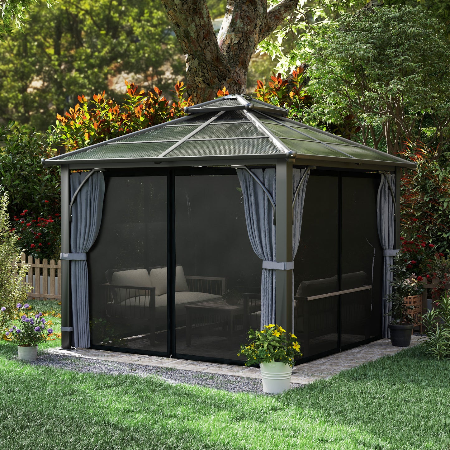 10' x 10' Hardtop Gazebo with 7mm Polycarbonate Double-Tier Roof, Outdoor Gazebo with Netting and Curtains, Dark Grey