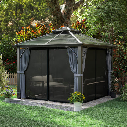 10' x 10' Hardtop Gazebo with 7mm Polycarbonate Double-Tier Roof, Outdoor Gazebo with Netting and Curtains, Dark Grey