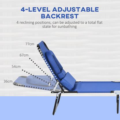 Folding Lounge Chair Set of 2, Reclining Beach Tanning Chair with Face Hole, Pillow, 4-Position Adjustable Flat Sun Lounger, Steel Frame for Outdoor Patio Pool, Blue