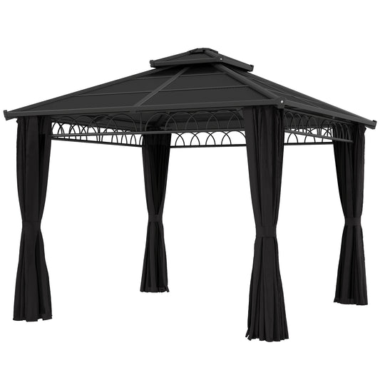 10' x 10' Outdoor Hardtop Gazebo Canopy with Double PC Roof, Steel Frame, Nettings, Curtains for Garden Lawn Deck, Black