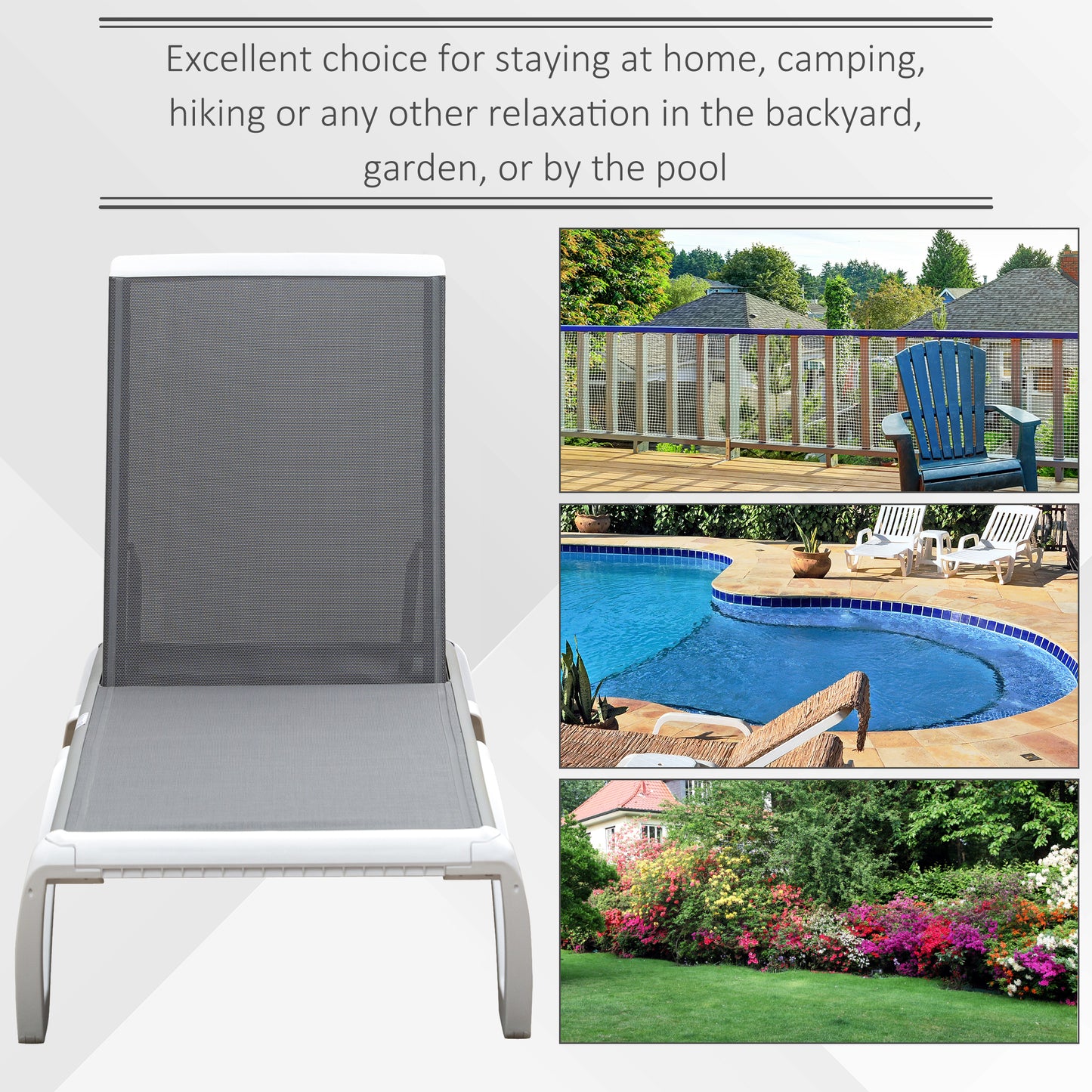 Outdoor Chaise Lounge Chair, Patio Aluminum Tanning Chair with 5-Level Adjustable Back, Portable Wheels, Breathable Mesh Fabric, for Pool, Deck, Garden, Grey