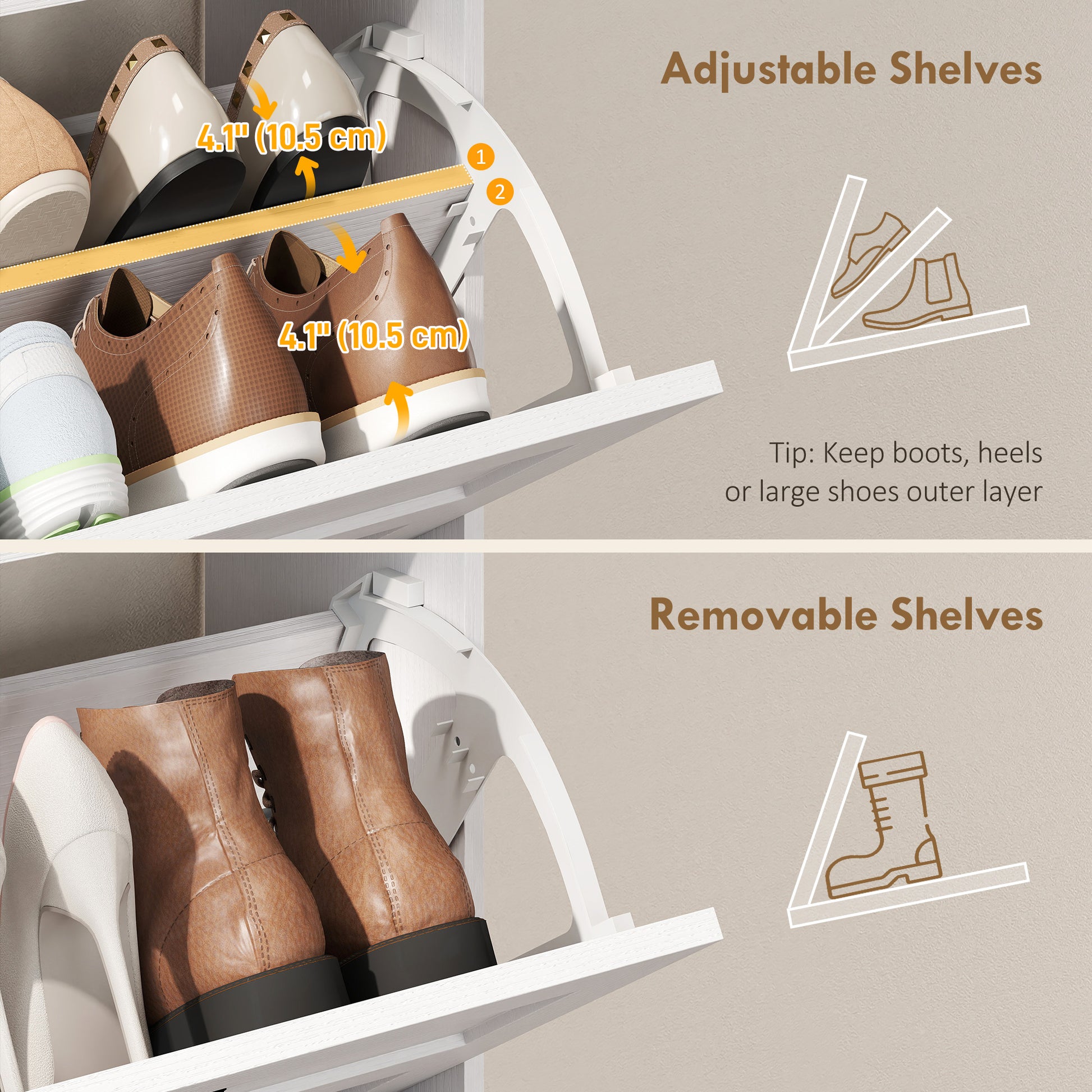 Shoe Cabinet with 2 Flip Drawers, Narrow Shoe Storage Cabinet, White