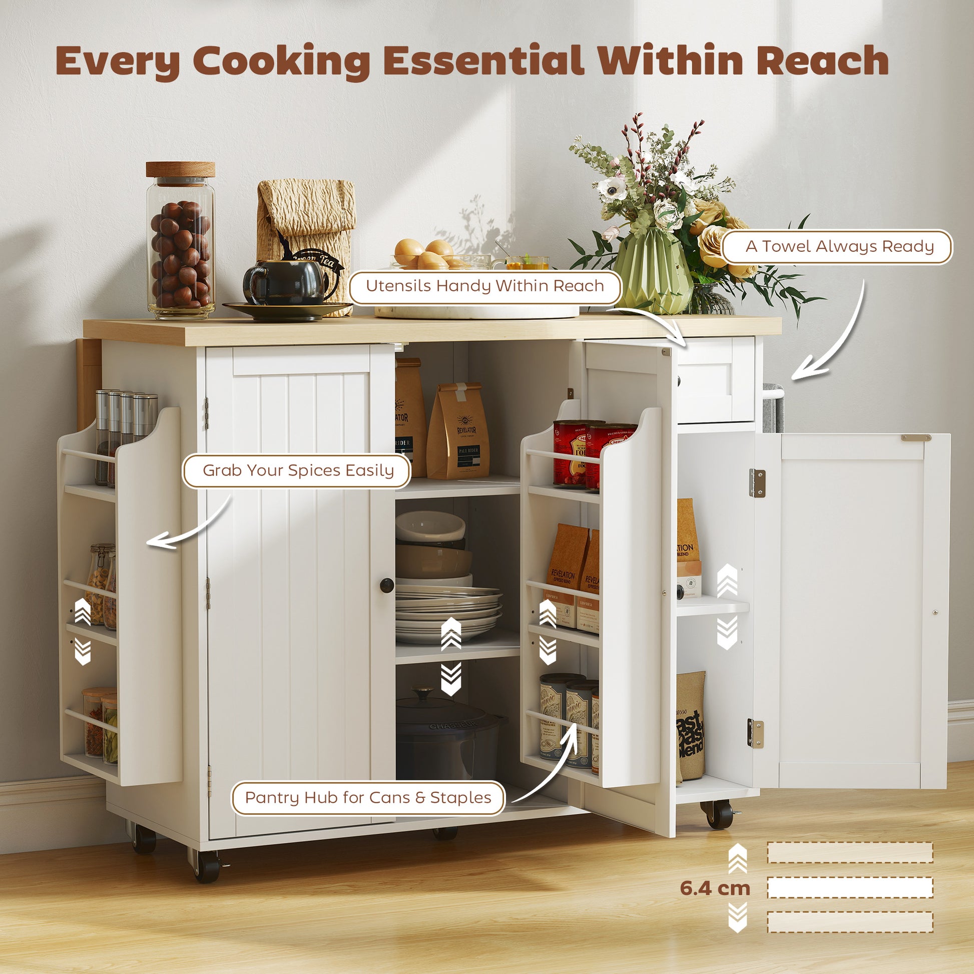 Kitchen Island Cart, Rolling Kitchen Island Table with Drop Leaf, Drawer, Spice and Towel Rack, White