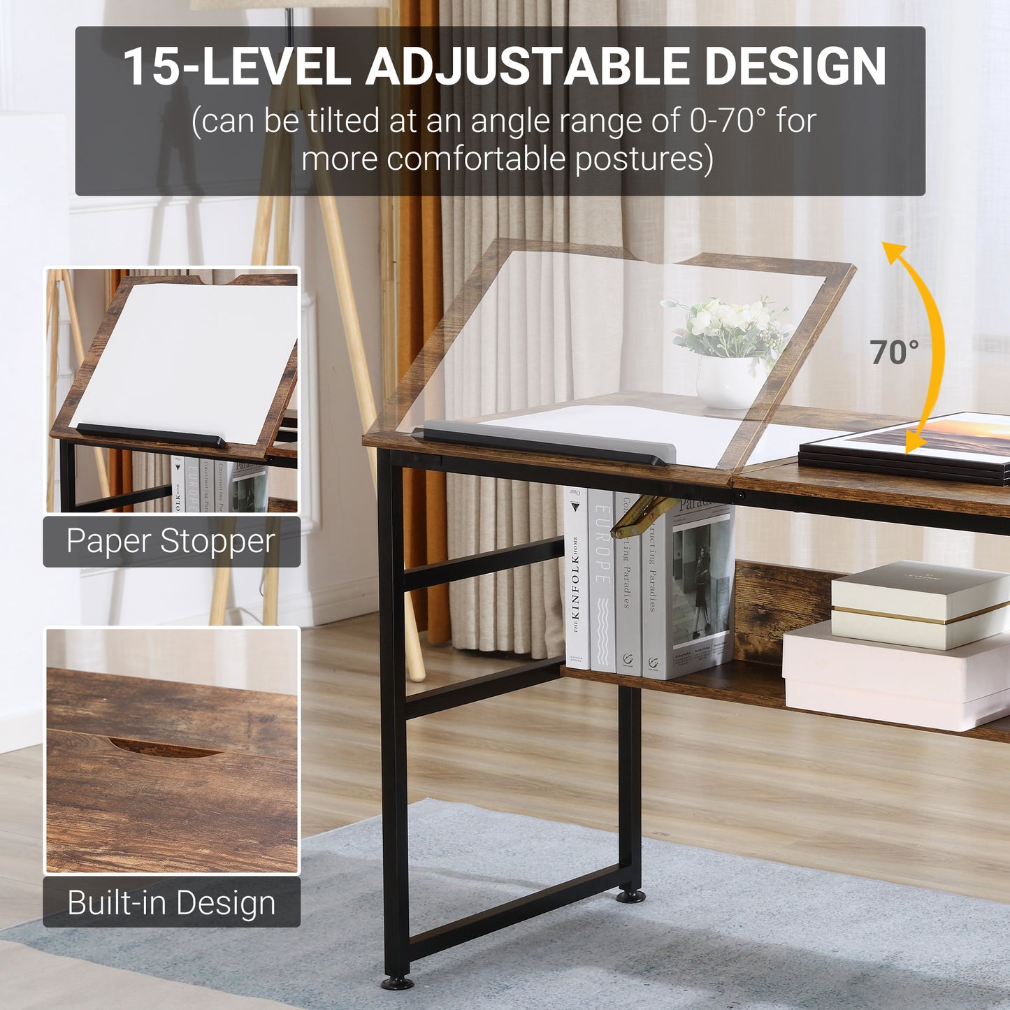 Adjustable Drafting Table Art Desk Drawing Table Craft Desk Workstation for Painting Multifunctional Writing Desk with Tiltable Tabletop and Storage Shelf Rustic Brown
