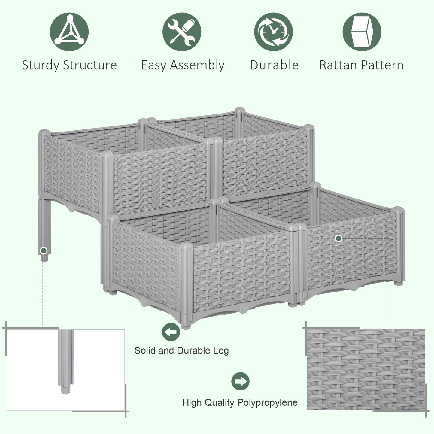 4-piece Raised Garden Bed PP Raised Flower Bed Vegetable Herb Grow Box Stand Grey