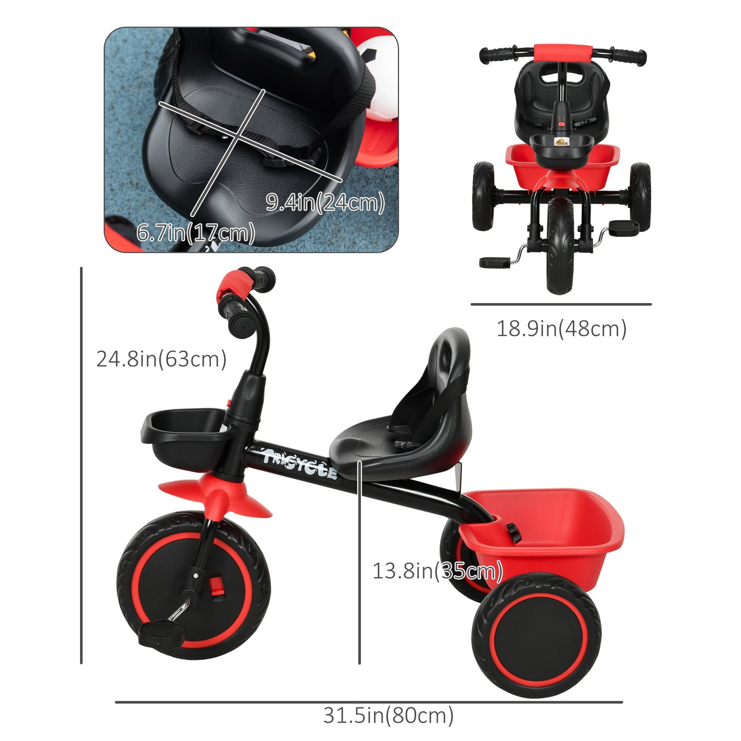 Qaba Large Kids Tricycle for Toddler 2-5 Year Old Girls and Boys, Toddler Trike Bike with Adjustable Seat, Safety Belt, Two Storage Baskets, Red