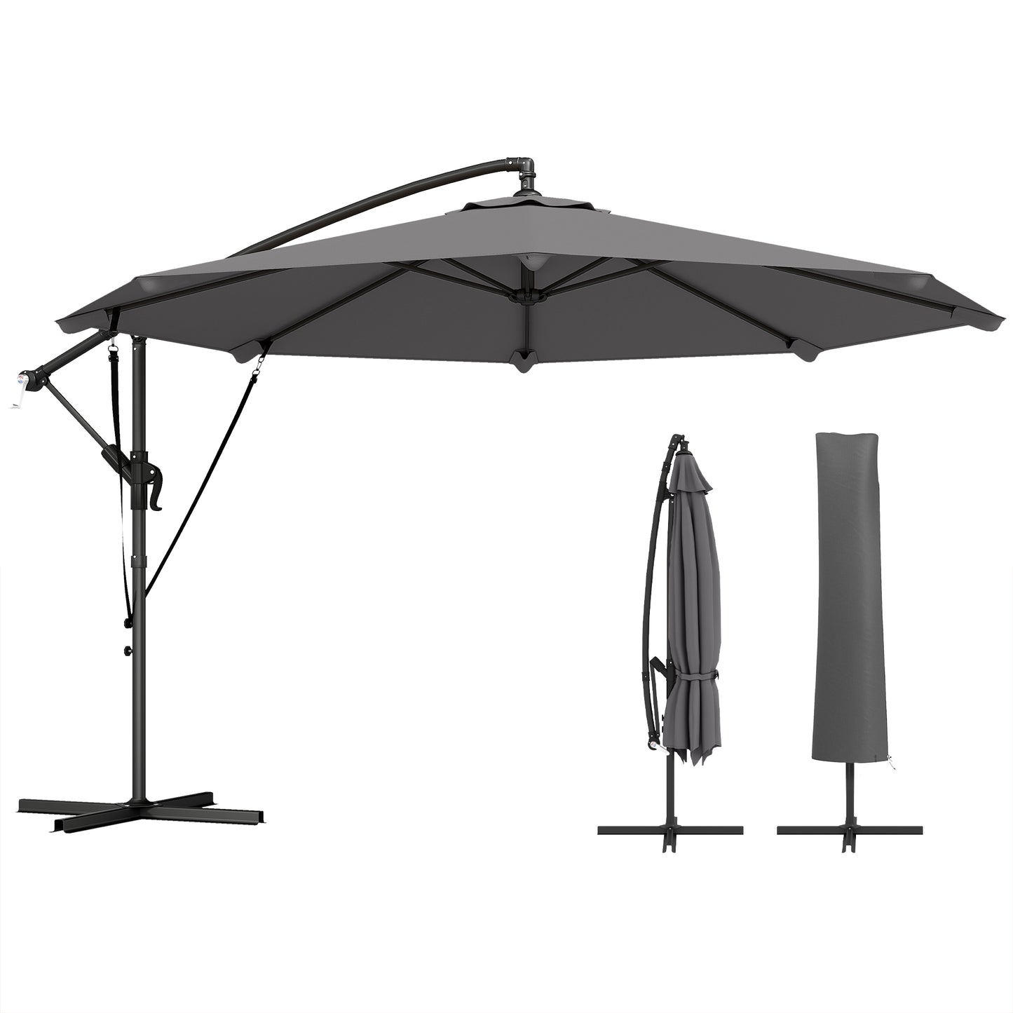 10FT Cantilever Patio Umbrella with 8 Ribs, Offset Patio Umbrella with Cover and Wind Ropes for Garden, Yard, Dark Grey