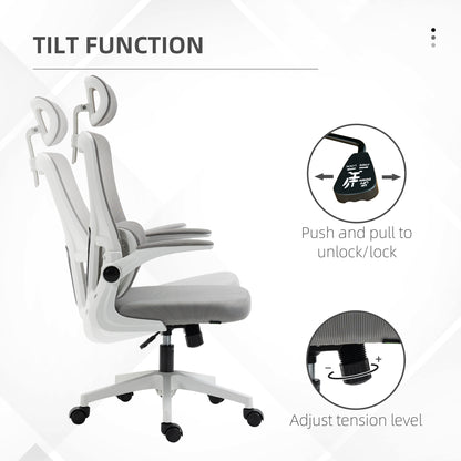 Ergonomic Office Chair, Mesh Computer Desk Chair with Adjustable Headrest, 4D Lumbar Support, Flip-up Arm, Grey