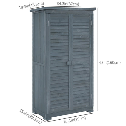 Outdoor Garden Shed, Wooden Tool Storage Shed, 3-Tier Shelves, Asphalt Roof, Shutter Doors, 34.3" x 18.3" x 63", Grey