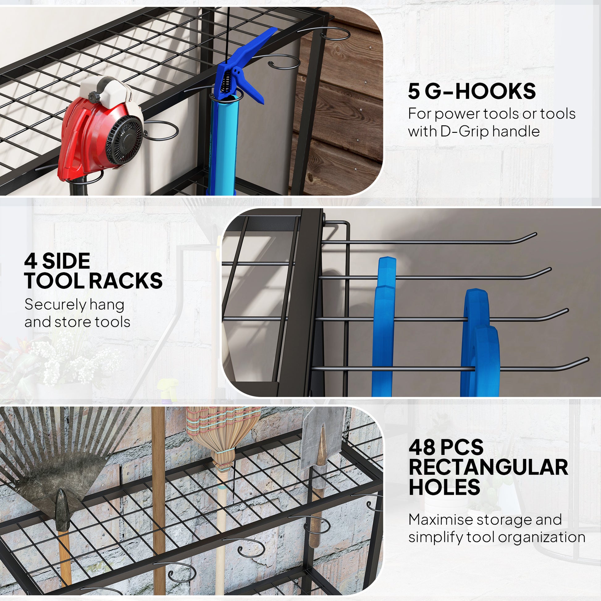 3-Tier Yard Tool Tower Rack, Garden Tool Organizer with Hooks for Long-Handled Rakes, Shovel, Broom, Black