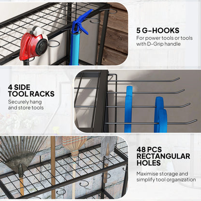 3-Tier Yard Tool Tower Rack, Garden Tool Organizer with Hooks for Long-Handled Rakes, Shovel, Broom, Black