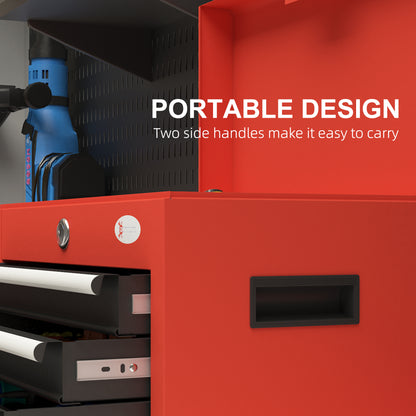 Portable Tool Chest with 4 Drawers and Top Storage, Lockable Steel Tool Box with Latch and Keys for Garage, Red