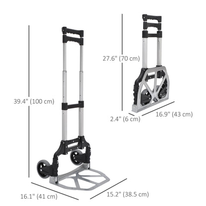 Folding Hand Truck and Dolly with 2 Wheels for Moving, Heavy Duty Luggage Handcart, Aluminum Box Cart with 3 Level Adjustable Telescoping Handle for 154lbs Load Capacity