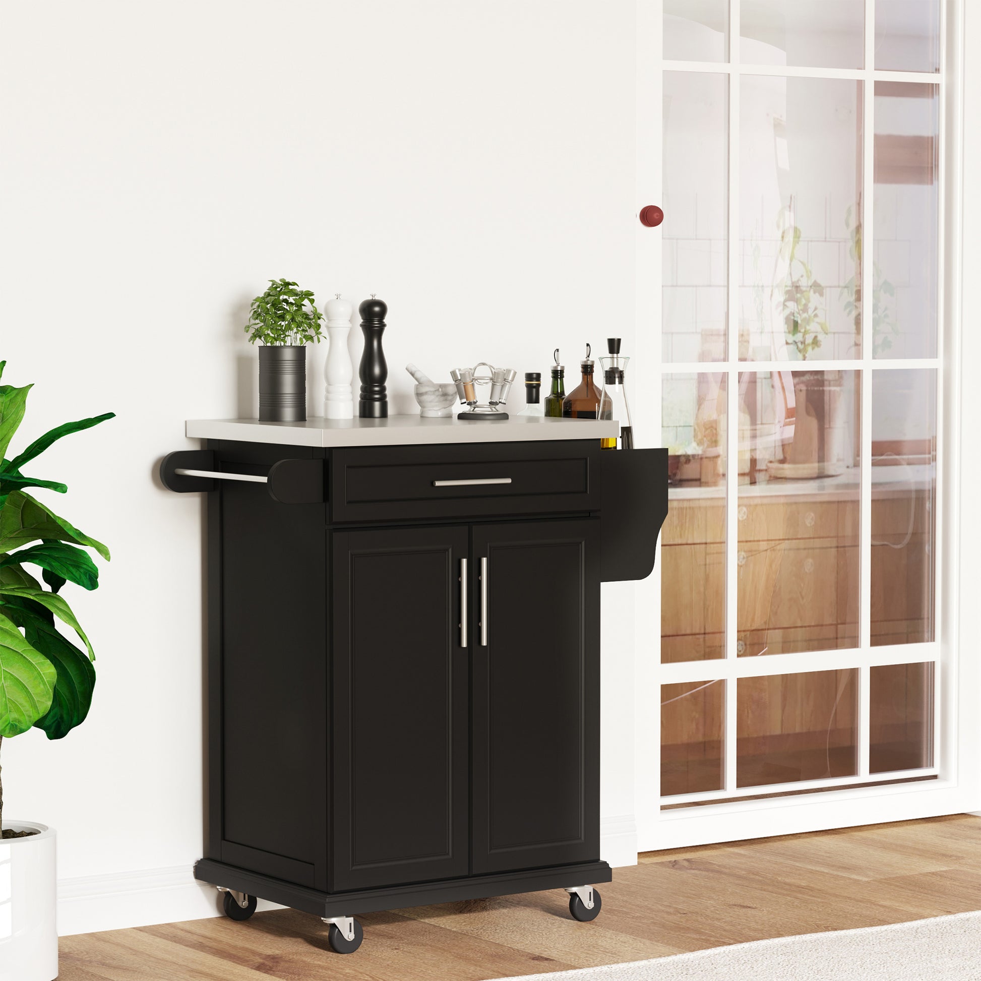 Kitchen Island with Stainless Steel Top, Rolling Kitchen Cart on Wheels with Storage Drawer, Cabinet, Towel Rack and Spice Rack (Black)