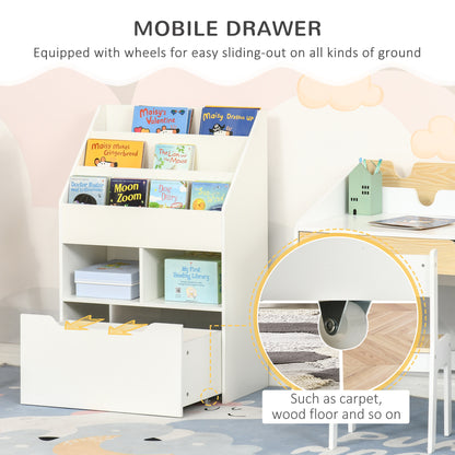 Kids Bookshelf Bookcase, Montessori-Inspired Multi-Shelf Rack Organizer with Moveable Drawer for Books for Reading Nook, Classroom, Bedroom, Playroom, White