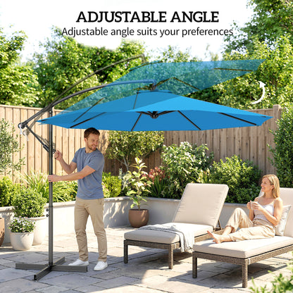 10ft Offset Patio Umbrella with Base, Garden Hanging Parasol with Crank, Banana Cantilever Umbrella Sun Shade, Blue