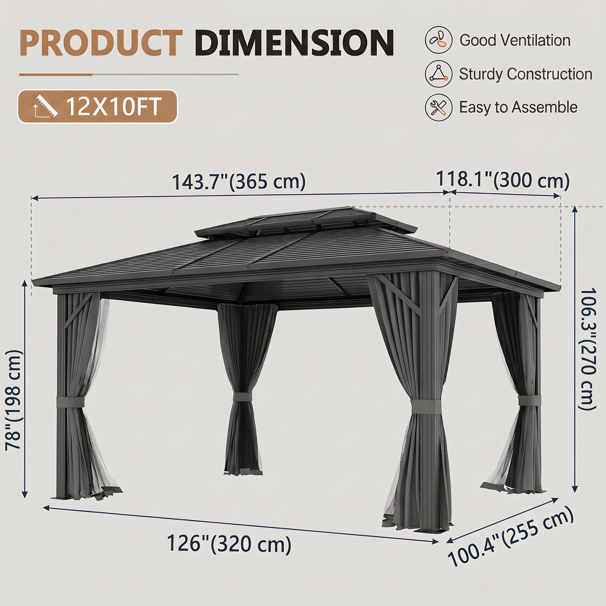 10' x 12' Hardtop Gazebo, Sun Shelter with Double Tier Metal Roof, Mosquito Netting, and Hanging Hook, Light Grey