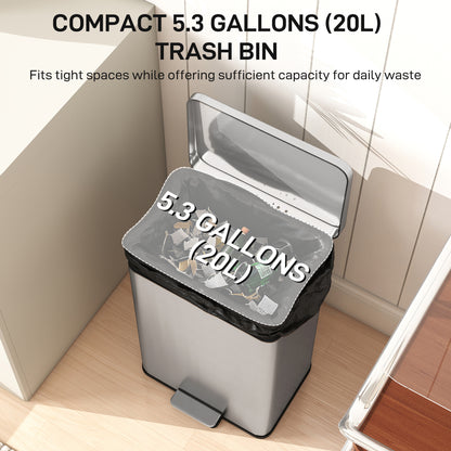 5.3 Gallon/20 L Garbage Bin with Soft Close Lid, Trash Can with Removable Inner Bucket for Kitchen, Office, Silver