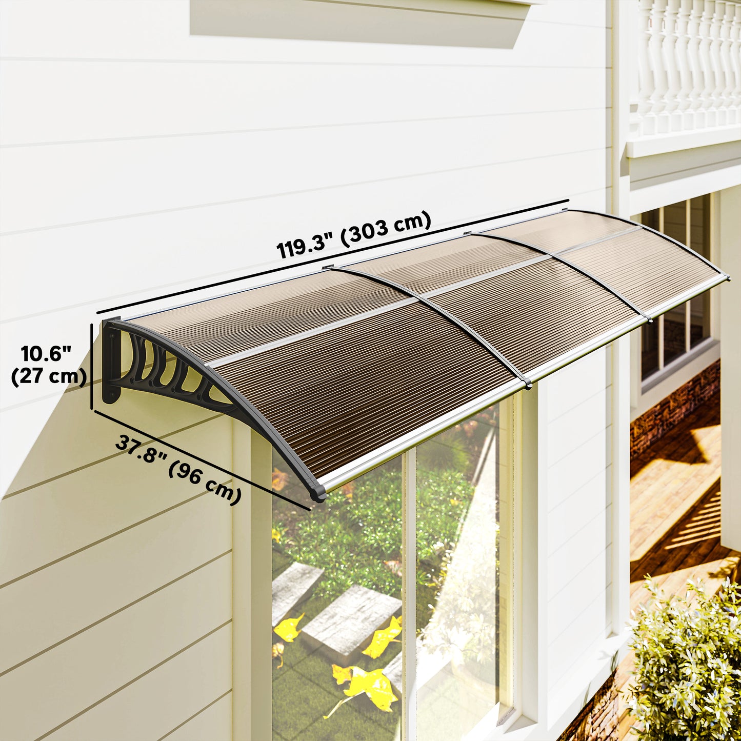 Awning Door Canopy, 119.3" x 37.8" Polycarbonate Front Door Outdoor Patio Cover for UV Protection, Brown