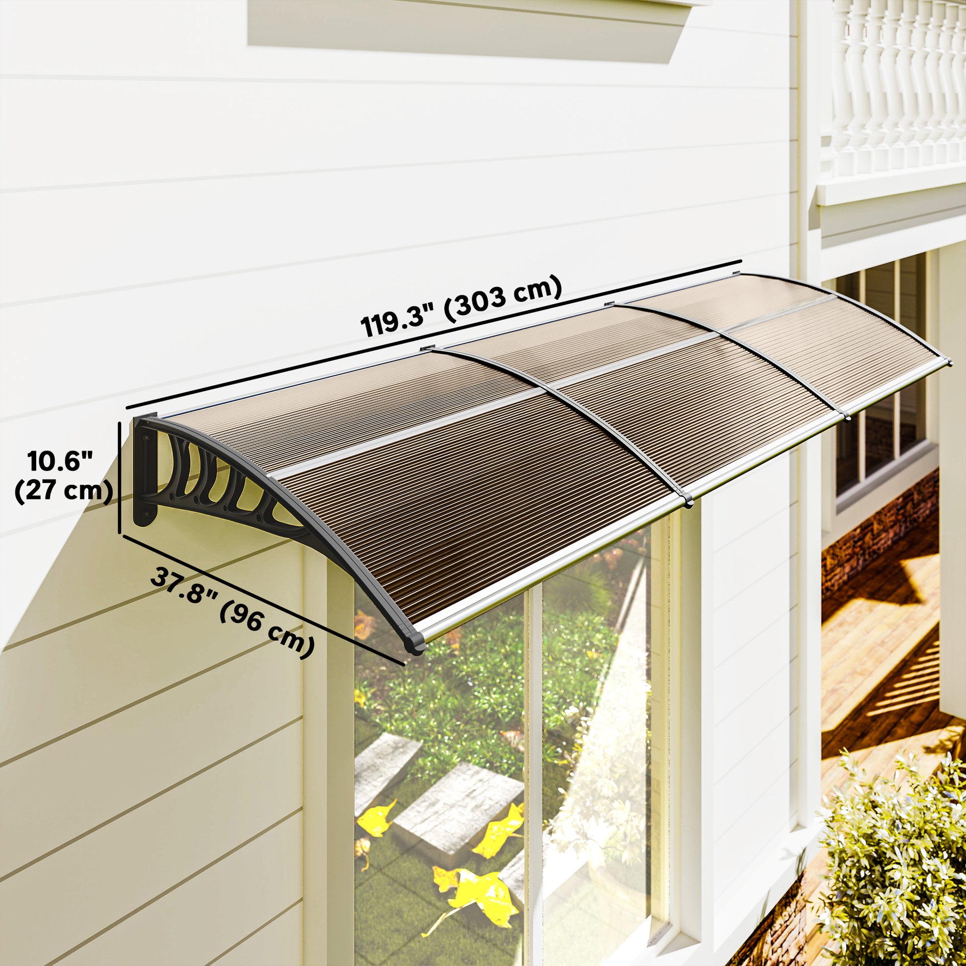 Awning Door Canopy, 119.3" x 37.8" Polycarbonate Front Door Outdoor Patio Cover for UV Protection, Brown