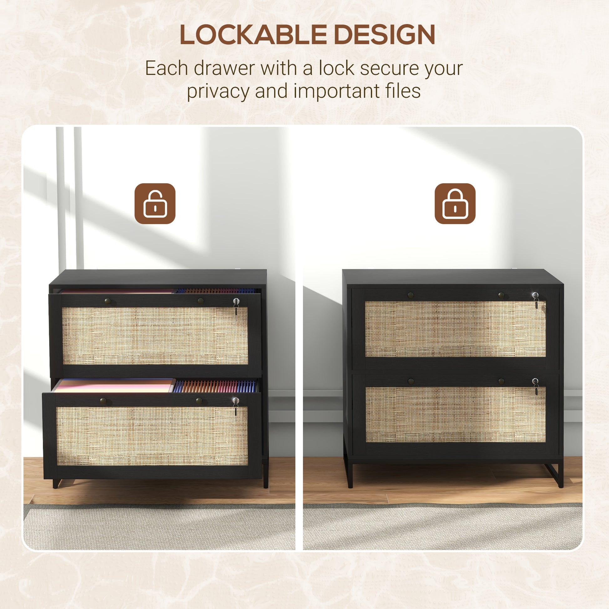 2-Drawer Filing Cabinet with Lock, Rattan File Cabinet with Adjustable Hanging Bar, Black