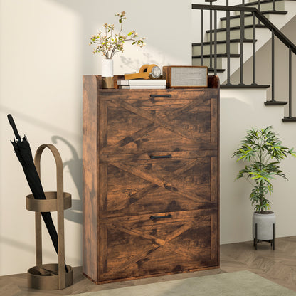 Narrow Shoe Storage Cabinet Farmhouse Shoe Cabinet with 3 Flip Drawers Adjustable Shelves for Entryway Rustic Brown