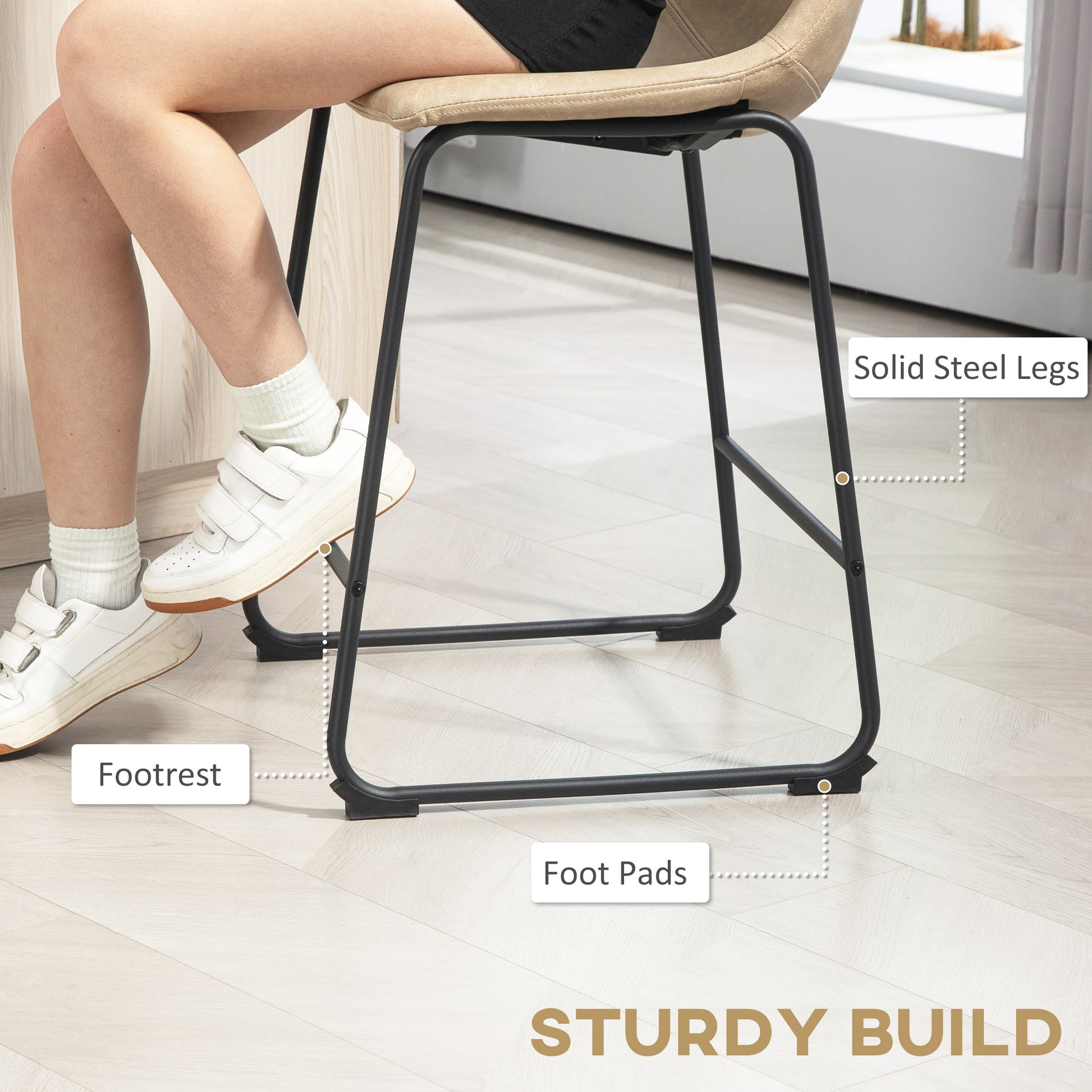 Counter Height Bar Stools Set of 2, Vintage PU Leather Bar Chairs, Kitchen Stool with Footrest, Beige