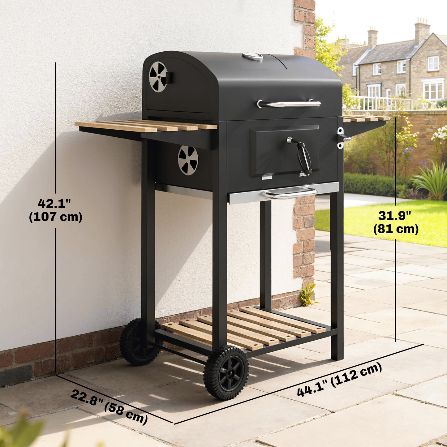 20" Charcoal BBQ Grill Barbecue on Wheels with Adjustable Charcoal Pan, Spacious Cooking Area, 3 Shelves, Thermometer