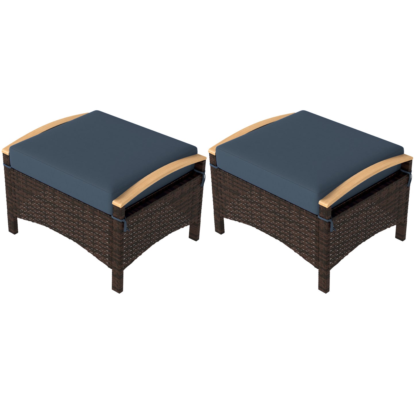 2 Pieces Wicker Outdoor Ottoman with Removable Cushion, Rattan Outdoor Footstool, Footrest and Side Table, Blue