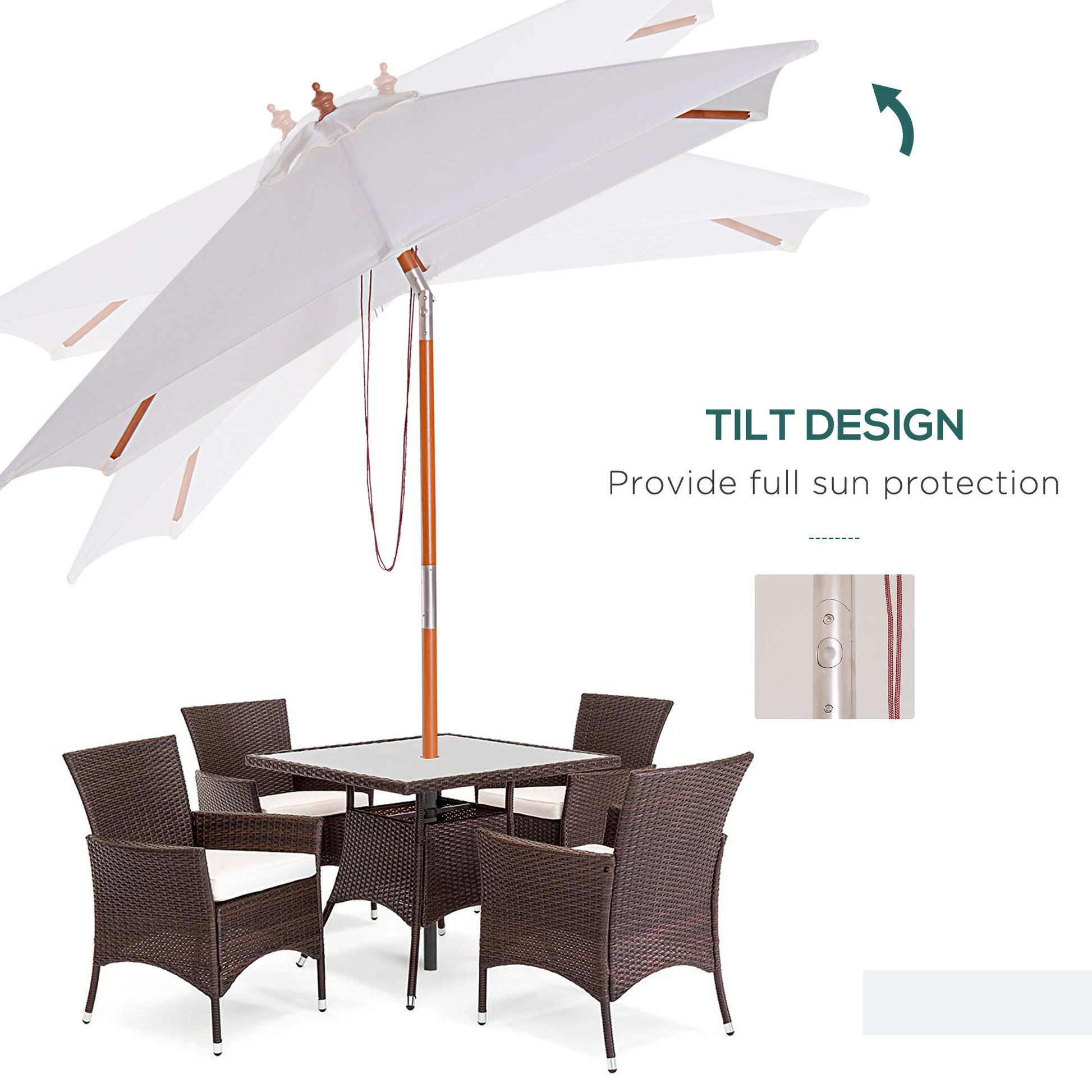 6.6x5ft Fir Wooden Patio Umbrella Square Market Parasol Tilt Mechanism 6 Ribs Garden Sunshade, Cream White
