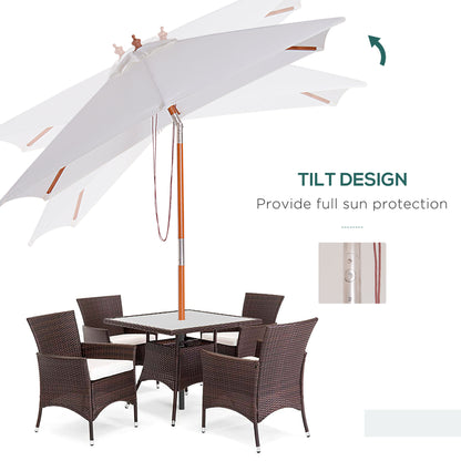 6.6x5ft Fir Wooden Patio Umbrella Square Market Parasol Tilt Mechanism 6 Ribs Garden Sunshade, Cream White
