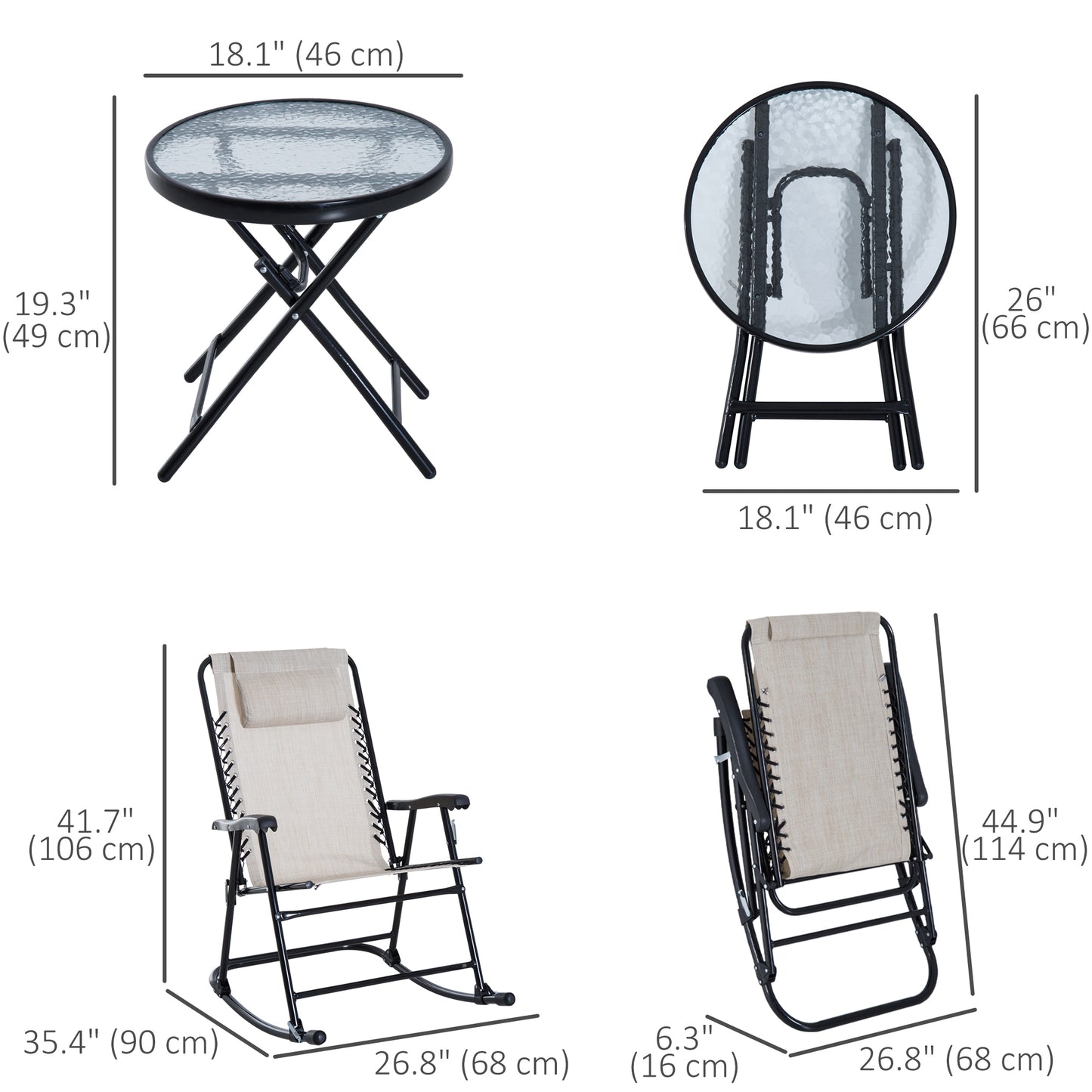 3pc Patio Rocking Chair Set, Folding Outdoor Rocking Chairs and Table Bistro Set w/ Breathable Mesh Seat & Backrest, Headrest for Park, Backyard, Garden, Cream White