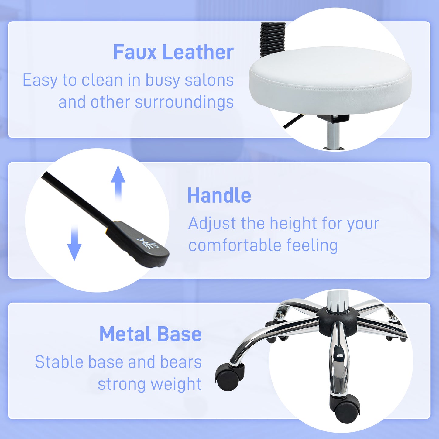 Adjustable Rolling Stool with Removable Backrest, Faux Leather Swivel Stool Chair for Salon Spa, Bar, Massage, White