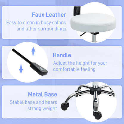 Adjustable Rolling Stool with Removable Backrest, Faux Leather Swivel Stool Chair for Salon Spa, Bar, Massage, White