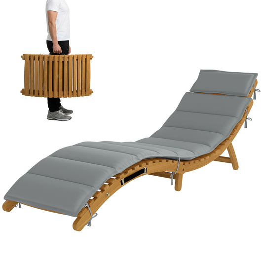 Folding Chaise Lounge Chair Outdoor, Acacia Wood Lounger Tanning Chair with Cushion, Headrest, Light Grey