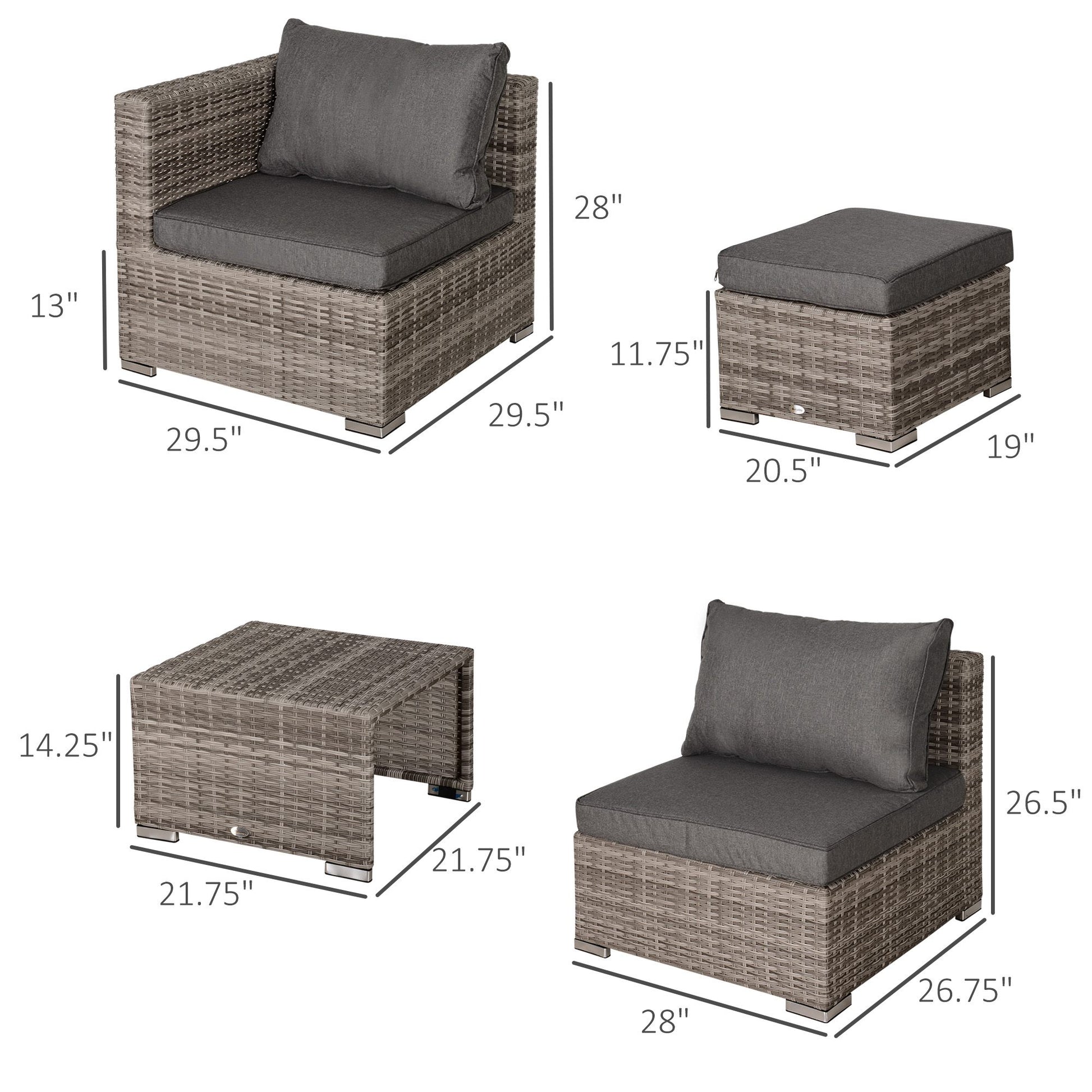 8 Pieces Patio Furniture Set, Outdoor Wicker Rattan Sofa Set Yard Conversation Seat Tea Table and Footstool Garden Patio Furniture w/ 2 Set Cushion Cover Grey & Orange