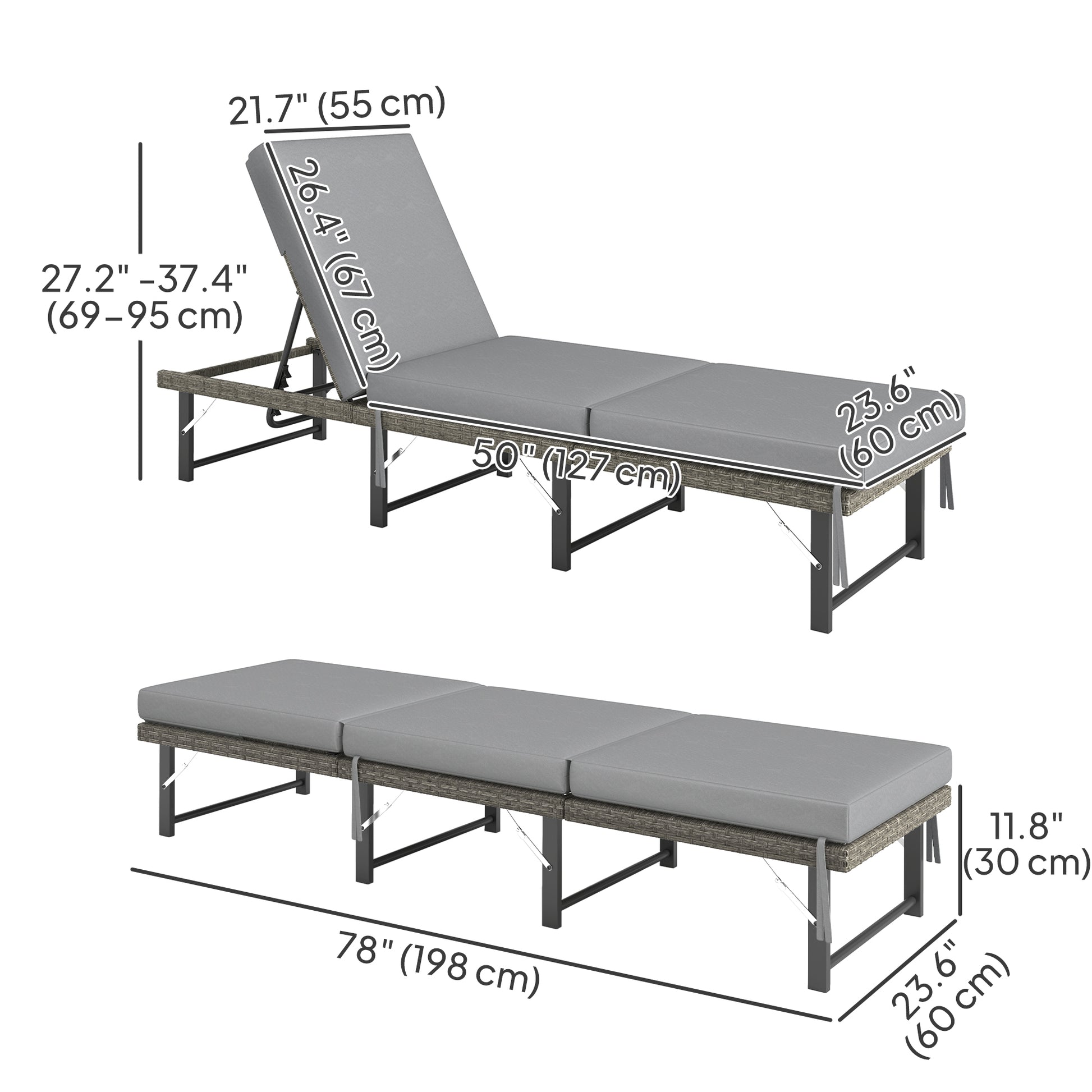 Folding Outdoor Lounge Chair, Wicker Chaise Lounge Tanning Chair with Cushion for Beach, Poolside, Garden, Grey