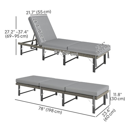 Folding Outdoor Lounge Chair, Wicker Chaise Lounge Tanning Chair with Cushion for Beach, Poolside, Garden, Grey