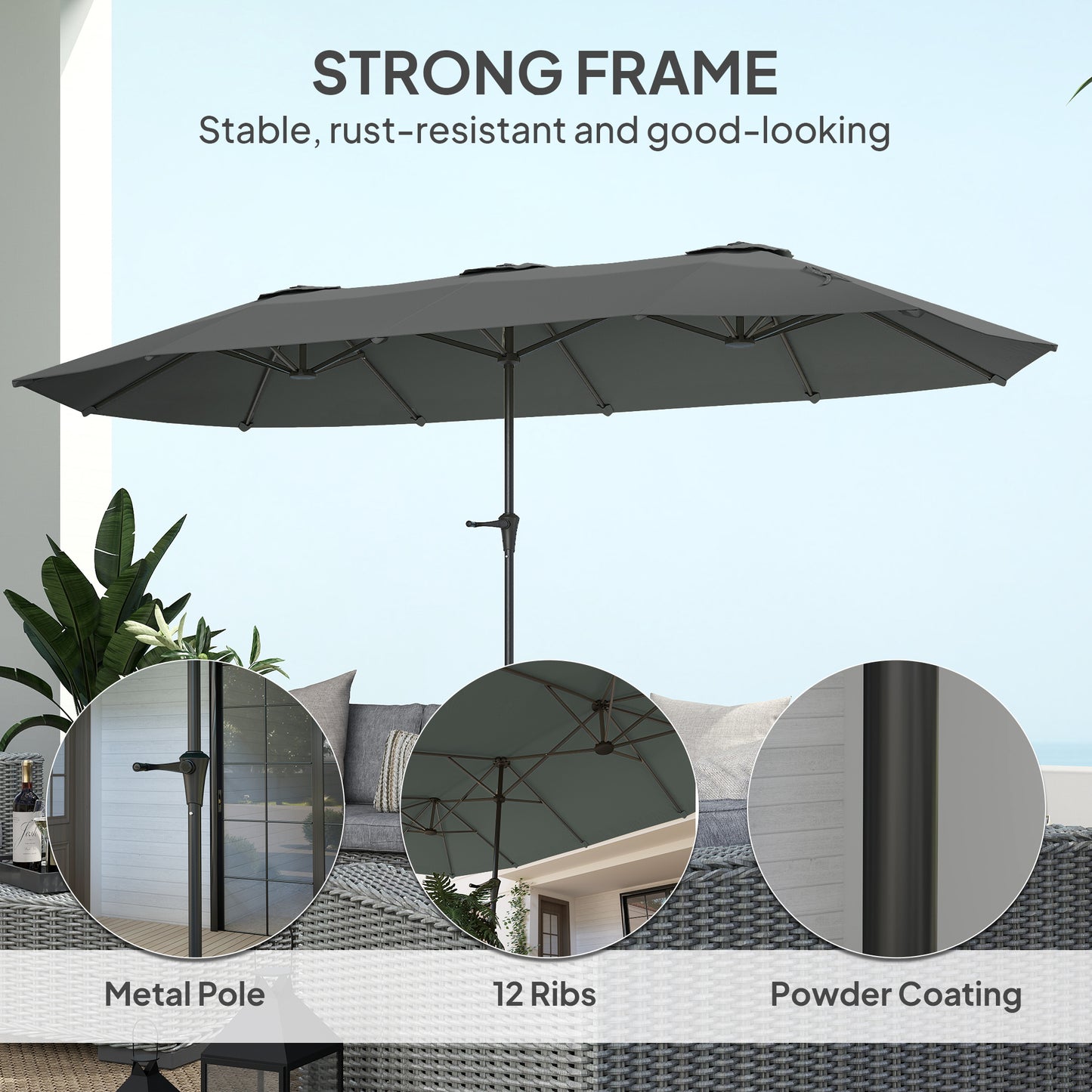 13ft Double-Sided Patio Umbrella with Crank Handle, for Poolside, Deck, Garden, Light Grey