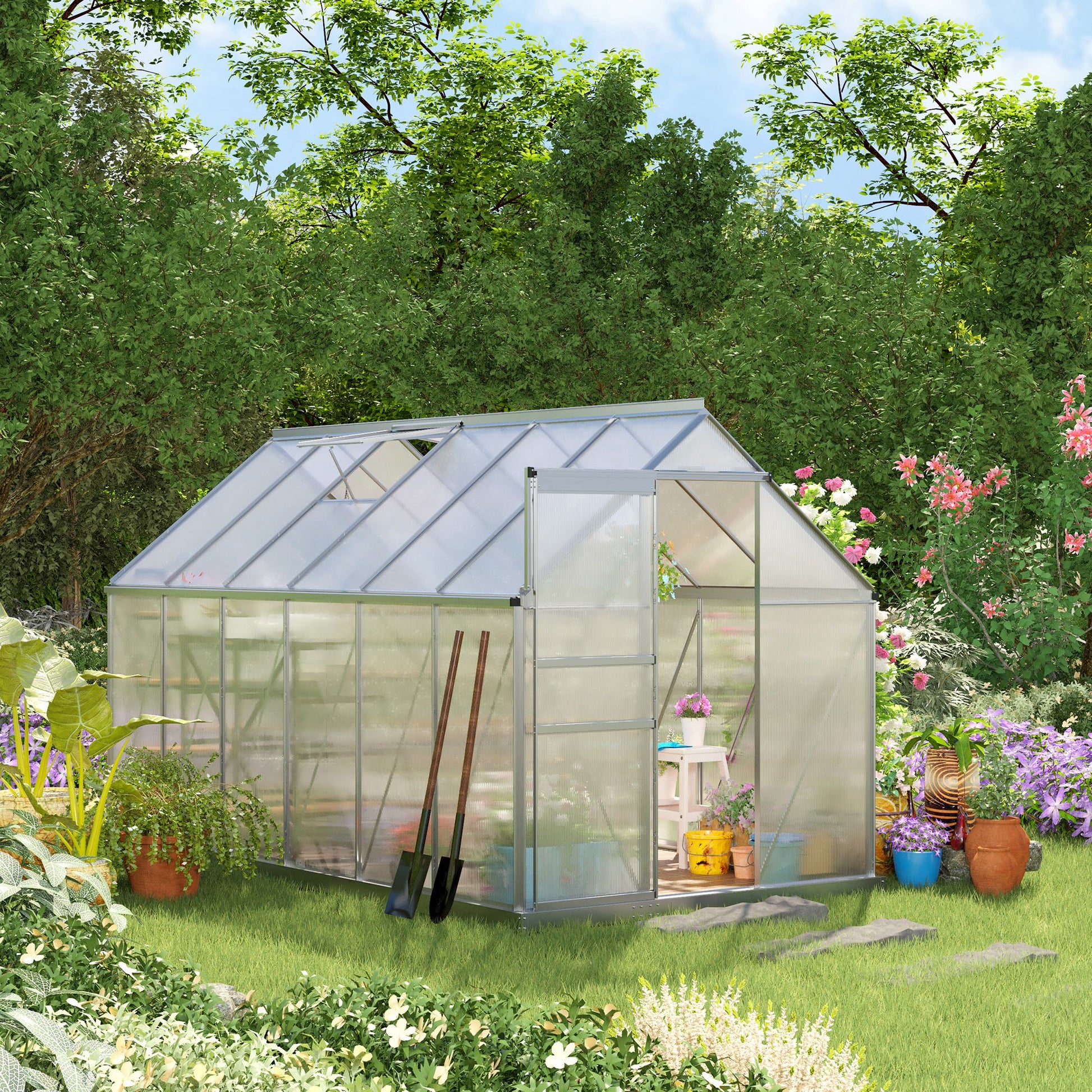 6' x 12' x 6.5' Walk-in Greenhouse, Polycarbonate Greenhouse with Adjustable Roof Vent, Base, Sliding Door, Clear