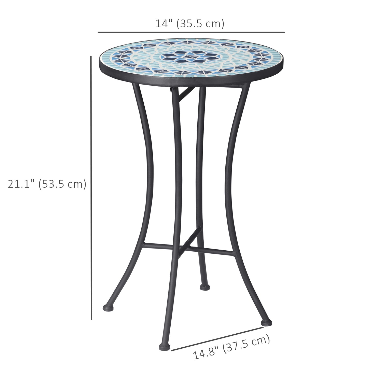 Mosaic Patio Table, Round Coffee Table with Metal Frame, Garden Furniture for Outdoor, Poolside, Blue