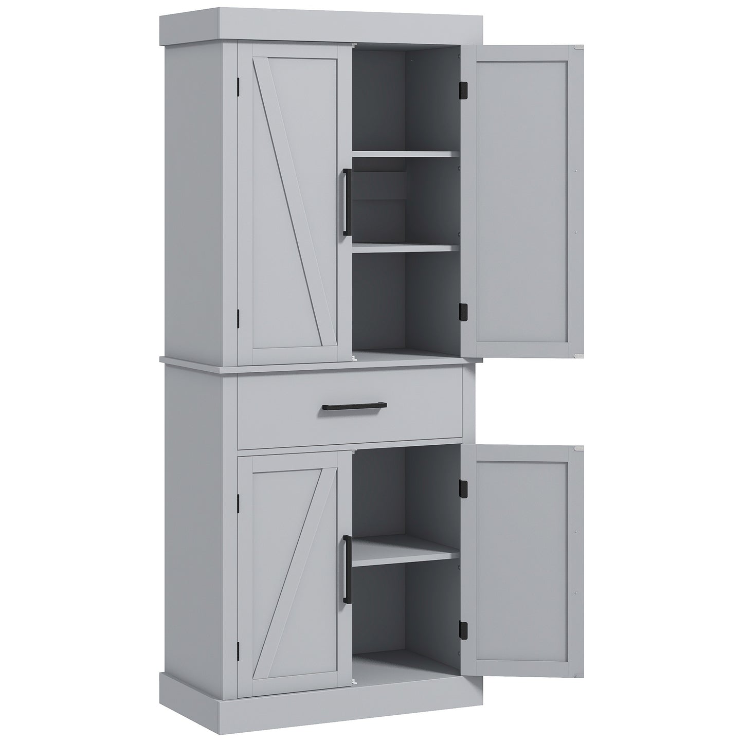 72" Farmhouse Kitchen Cabinet, Kitchen Pantry Cabinet with 4 Barn Doors, Drawer, Adjustable Shelves, Grey