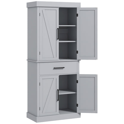 72" Farmhouse Kitchen Cabinet, Kitchen Pantry Cabinet with 4 Barn Doors, Drawer, Adjustable Shelves, Grey