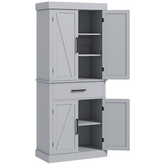 72" Farmhouse Kitchen Cabinet, Kitchen Pantry Cabinet with 4 Barn Doors, Drawer, Adjustable Shelves, Grey