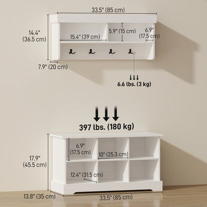Coat Rack Shoe Bench Set, Entryway Shoe Bench with 8 Storage Cubbies, 4 Hooks for Hallway, Living Room, White
